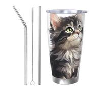 Mexpekil Insulated Travel Mug Iced Coffee Cup Travel Mug Stainless Steel Smoothie Cup Car Coffee Mug Watercolor Cat Tumbler with Straw and Lid, 590ml