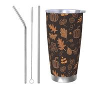 Mexpekil Insulated Travel Mug Iced Coffee Cup Travel Mug Stainless Steel Smoothie Cup Car Coffee Mug Autumn Pumpkin Leaves Falling Tumbler with Straw and Lid, 590ml