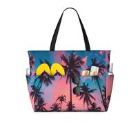 Mexpekil Island Palm Tree Large Beach Bags for Women Men Waterproof Sandproof Beach Tote Bag with Zip and Pockets Foldable Summer Holiday Handbags for Travel Pool Seaside