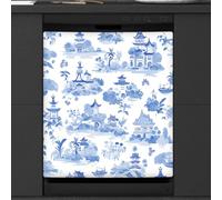 Mexpekil Japanese Blue Ink Architecture Dishwasher Magnet Cover 21x26 in, Decorative Waterproof Dishwasher Magnetic Cover Sticker for Kitchen Appliances