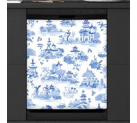 Mexpekil Japanese Blue Ink Architecture Dishwasher Magnet Cover 23x26 in, Decorative Waterproof Dishwasher Magnetic Cover Sticker for Kitchen Appliances