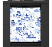 Mexpekil Japanese Blue Ink Architecture Scence Dishwasher Magnet Cover 21x26 in, Decorative Waterproof Dishwasher Magnetic Cover Sticker for Kitchen Appliances
