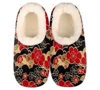 Mexpekil Japanese Cherry Flower Wave Women's & Men's Slippers with Fluffy Collar Winter Warm House Slippers Anti-Slip Indoor House Shoes Gifts for Mum Dad (Sizes UK 6-7)