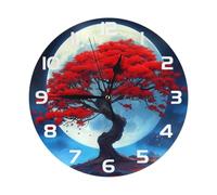 Mexpekil Japanese Red Tree Moon White Silent Wall Clock Non Ticking 25cm Round Wall Clocks Battery Operated Modern Decorative Clock for Living Room Kitchen Bedroom Office