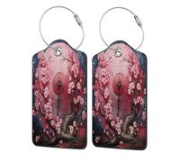 Mexpekil Japanese Umbrella Blooming Cherry Flower Luggage Tags for Suitcases, 4 Pcs Leather Travel Tags for Luggage with Steel Loop Waterproof Name Id Card, Men Women Kids Travel Gift