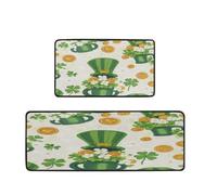 Mexpekil Kitchen Mats Set of 2 Green Lucky Clovers Shamrock Leaf Green Hat Non Slip Kitchen Floor Mat Memory Foam Runner for Laundry Sink, 17"x47"+17"x29"
