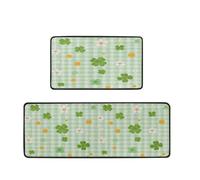 Mexpekil Kitchen Mats Set of 2 St. Patrick Day Shamrock And Flowers Buffalo Check Plaid Non Slip Kitchen Floor Mat Memory Foam Runner for Laundry Sink, 17"x47"+17"x29"