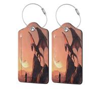 Mexpekil Knight Dragon Art Painting Luggage Tags for Suitcases, 2 Pcs Leather Travel Tags for Luggage with Steel Loop Waterproof Name Id Card, Men Women Kids Travel Gift
