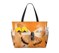 Mexpekil Large Beach Bag Orange Watercolor Butterfly Waterproof Beach Bag Tote Bag with Zip Summer Beach Bags for Women Holiday