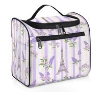 Mexpekil Lavender Flower Stripes Eiffel Tower Hanging Toiletry Bag for Women Men Large Waterproof Makeup Cosmetic Wash Bag for Travel