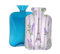 Mexpekil Lavender Flower Stripes Eiffel Tower Hot Water Bottle with Cover, 2L PVC Hot Water Bag for Pain Relief, Feet, Back, Warmth