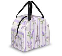 Mexpekil Lavender Flower Stripes Eiffel Tower Thermal Lunch Bag Box for Kids Adults, Insulated Lunch Tote Cooler Bag for School Work Travel