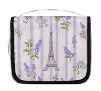 Mexpekil Lavender Flower Stripes Eiffel Tower Toiletry Bag for Women Men Ladies, Waterproof Hanging Travel Wash Bag with Hook, Cosmetic Makeup Bag Organiser