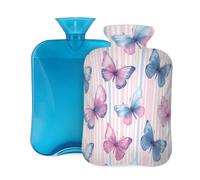 Mexpekil Leakproof Hot Water Bottle with Soft Flannel Cover 2L | Butterflies Striped Blue Pink Large Hot Water Bag for Pain Relief, Warm Hands, Feet & Body Ideal Gifts for Adults Kids