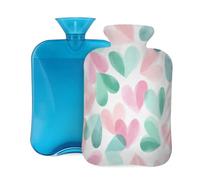 Mexpekil Leakproof Hot Water Bottle with Soft Flannel Cover 2L | Mint Green Pink Hearts Large Hot Water Bag for Pain Relief, Warm Hands, Feet & Body Ideal Gifts for Adults Kids