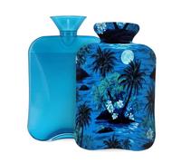 Mexpekil Leakproof Hot Water Bottle with Soft Flannel Cover 2L | Palm Trees Island Large Hot Water Bag for Pain Relief, Warm Hands, Feet & Body Ideal Gifts for Adults Kids