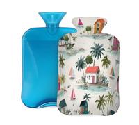 Mexpekil Leakproof Hot Water Bottle with Soft Flannel Cover 2L | Pattern Of Island Large Hot Water Bag for Pain Relief, Warm Hands, Feet & Body Ideal Gifts for Adults Kids
