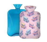 Mexpekil Leakproof Hot Water Bottle with Soft Flannel Cover 2L | Pink School Buses Large Hot Water Bag for Pain Relief, Warm Hands, Feet & Body Ideal Gifts for Adults Kids