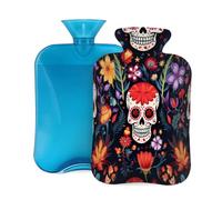 Mexpekil Leakproof Hot Water Bottle with Soft Flannel Cover 2L | Skull Mexico Flower Large Hot Water Bag for Pain Relief, Warm Hands, Feet & Body Ideal Gifts for Adults Kids