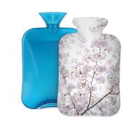 Mexpekil Leakproof Hot Water Bottle with Soft Flannel Cover 2L | White Cherry Bloom Large Hot Water Bag for Pain Relief, Warm Hands, Feet & Body Ideal Gifts for Adults Kids