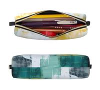 Mexpekil Leather Pencil Case for Girls Boys Abstract Yellow Blue Small Pen Organizer Bag Zipper Slim Multi-Use Pouch for School Supplies Kids Adults