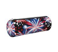 Mexpekil Leather Pencil Case for Girls Boys American Flag Fireworks Small Pen Organizer Bag Zipper Slim Multi-Use Pouch for School Supplies Kids Adults