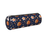 Mexpekil Leather Pencil Case for Girls Boys Basketballs and Stars Small Pen Organizer Bag Zipper Slim Multi-Use Pouch for School Supplies Kids Adults