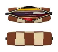 Mexpekil Leather Pencil Case for Girls Boys Brown Beige Checkered Small Pen Organizer Bag Zipper Slim Multi-Use Pouch for School Supplies Kids Adults