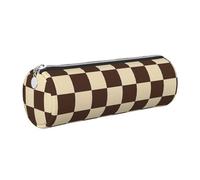 Mexpekil Leather Pencil Case for Girls Boys Brown Checkered Small Pen Organizer Bag Zipper Slim Multi-Use Pouch for School Supplies Kids Adults