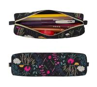 Mexpekil Leather Pencil Case for Girls Boys Embroidered Wild Plant Small Pen Organizer Bag Zipper Slim Multi-Use Pouch for School Supplies Kids Adults