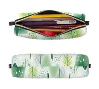 Mexpekil Leather Pencil Case for Girls Boys Green Fir Forest Small Pen Organizer Bag Zipper Slim Multi-Use Pouch for School Supplies Kids Adults