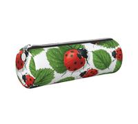 Mexpekil Leather Pencil Case for Girls Boys Green Leaf Red Ladybugs Small Pen Organizer Bag Zipper Slim Multi-Use Pouch for School Supplies Kids Adults