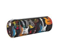 Mexpekil Leather Pencil Case for Girls Boys Guitar Pattern Small Pen Organizer Bag Zipper Slim Multi-Use Pouch for School Supplies Kids Adults