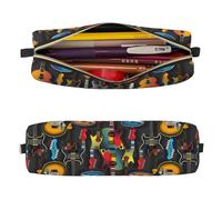 Mexpekil Leather Pencil Case for Girls Boys Guitar Pattern Small Pen Organizer Bag Zipper Slim Multi-Use Pouch for School Supplies Kids Adults