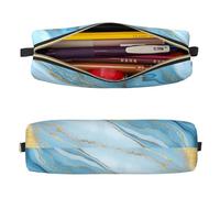 Mexpekil Leather Pencil Case for Girls Boys Llight Blu Gold Marble Small Pen Organizer Bag Zipper Slim Multi-Use Pouch for School Supplies Kids Adults