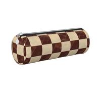 Mexpekil Leather Pencil Case for Girls Boys Marble Brown Checkered Small Pen Organizer Bag Zipper Slim Multi-Use Pouch for School Supplies Kids Adults