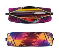 Mexpekil Leather Pencil Case for Girls Boys Neon Palm Tree Small Pen Organizer Bag Zipper Slim Multi-Use Pouch for School Supplies Kids Adults