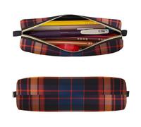 Mexpekil Leather Pencil Case for Girls Boys Orange Brown Plaid Small Pen Organizer Bag Zipper Slim Multi-Use Pouch for School Supplies Kids Adults
