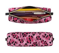Mexpekil Leather Pencil Case for Girls Boys Pink Glitter Leopard Print Small Pen Organizer Bag Zipper Slim Multi-Use Pouch for School Supplies Kids Adults