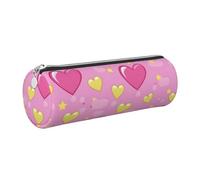 Mexpekil Leather Pencil Case for Girls Boys Pink Hearts Yellow Star Small Pen Organizer Bag Zipper Slim Multi-Use Pouch for School Supplies Kids Adults