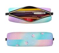 Mexpekil Leather Pencil Case for Girls Boys Rainbow Glitter Background Star Small Pen Organizer Bag Zipper Slim Multi-Use Pouch for School Supplies Kids Adults