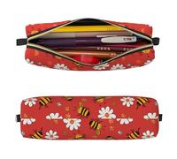 Mexpekil Leather Pencil Case for Girls Boys Red Bee Daisy Small Pen Organizer Bag Zipper Slim Multi-Use Pouch for School Supplies Kids Adults