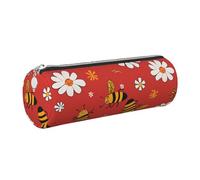 Mexpekil Leather Pencil Case for Girls Boys Red Bee Daisy Small Pen Organizer Bag Zipper Slim Multi-Use Pouch for School Supplies Kids Adults