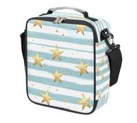Mexpekil Light Blue Stripes Golden Stars Pattern Kids Lunch Bag Boys Girls, Square Thermal Insulated Lunch Box, Reusable Cooler Tote for School Picnic Travel