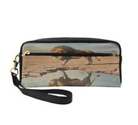 Mexpekil Lion Pencil Case Travel Makeup Pouch Pen Bag Holder Purse Leather Cosmetic Makeup Brush Bag Stationery Box for Kids Girls Boy School Office Supplies