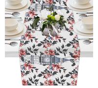 Mexpekil London Big Ben Flower Table Runner 33x228 cm, Decortaive Polyester Table Runners for Dining Tables Wedding Holiday Party