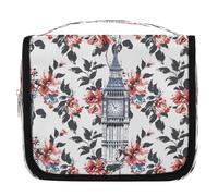 Mexpekil London Big Ben Flower Toiletry Bag for Women Men Ladies, Waterproof Hanging Travel Wash Bag with Hook, Cosmetic Makeup Bag Organiser