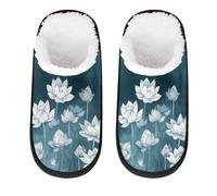 Mexpekil Lotus Flowers Blue White Fluffy Slippers for Women Men M