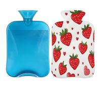 Mexpekil Love Heart Shape Strawberry Hot Water Bottle with Cover, 2L PVC Hot Water Bag for Pain Relief, Feet, Back, Warmth