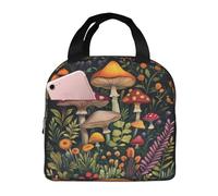 Mexpekil Lunch Bag for Travel Work Picnic, Mushroom Fairy Forest Flowers Plants On Black Background Reusable Bento Box Lunch Tote Bag, Handbags Case High Capacity for Kids and Adults